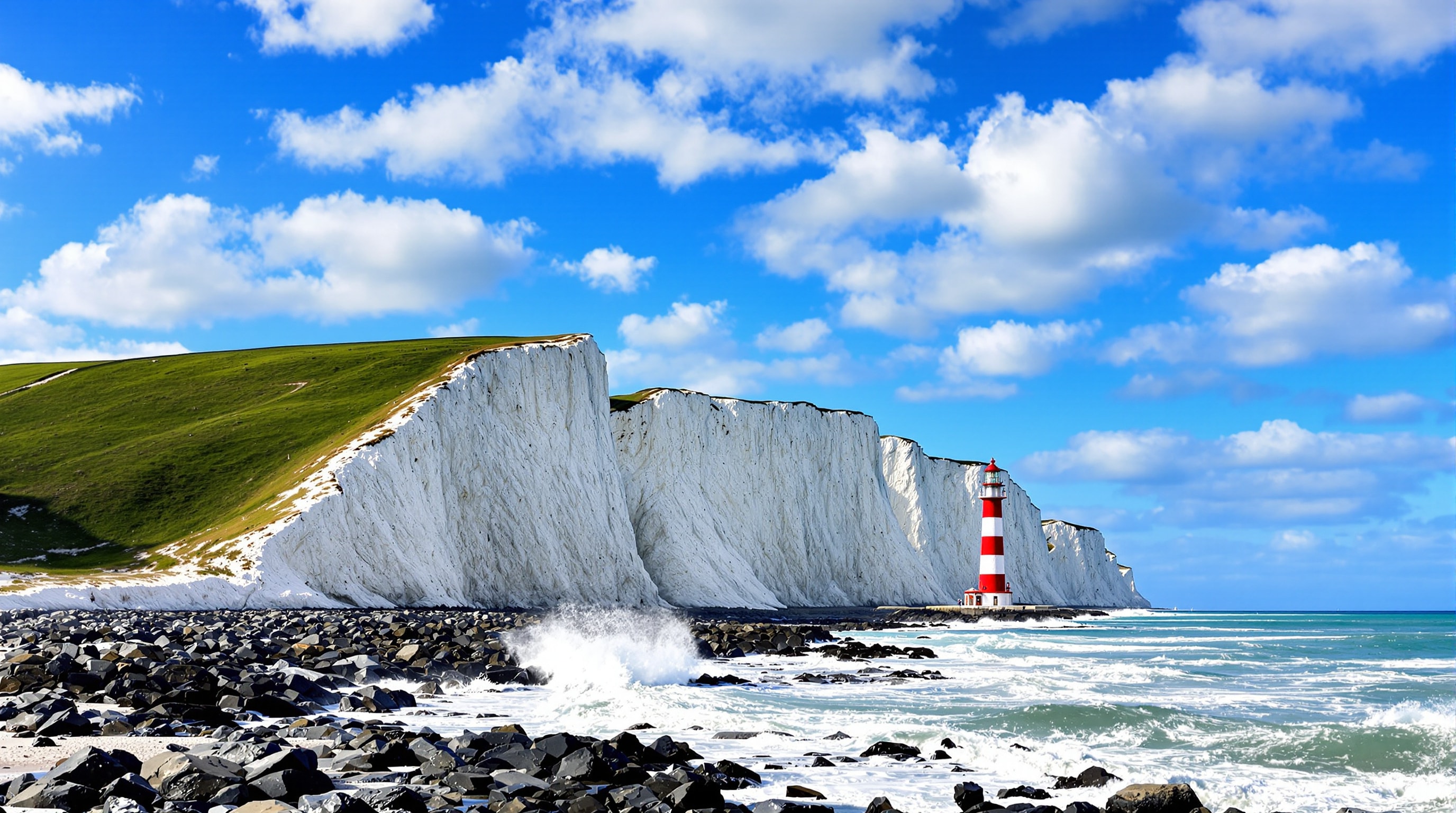 A red-and-white lighthouse at the foot of towering white chalk cliffs