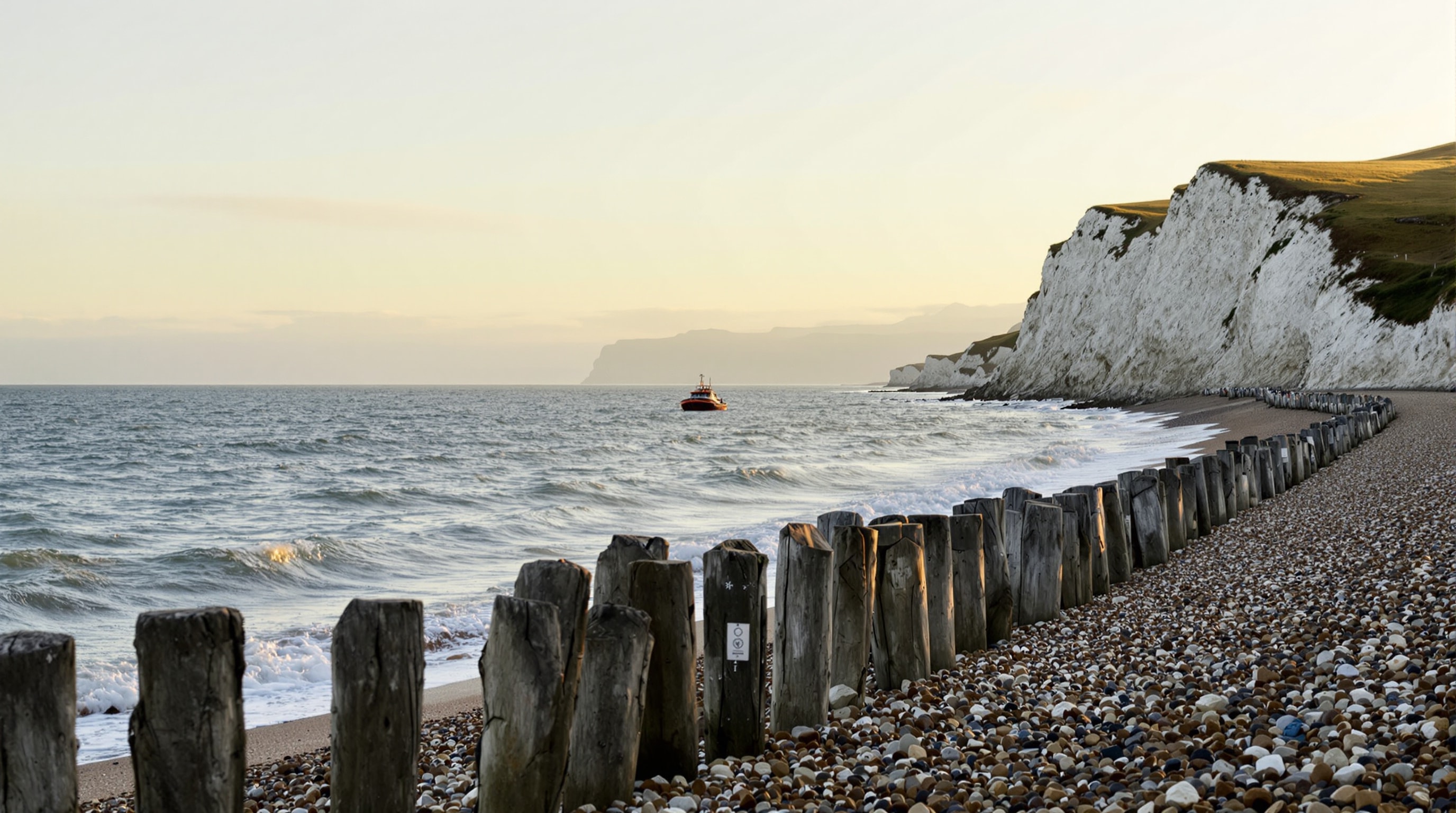 The English Channel off the chalk-cliff Sussex coast near Eastbourne at golden hour