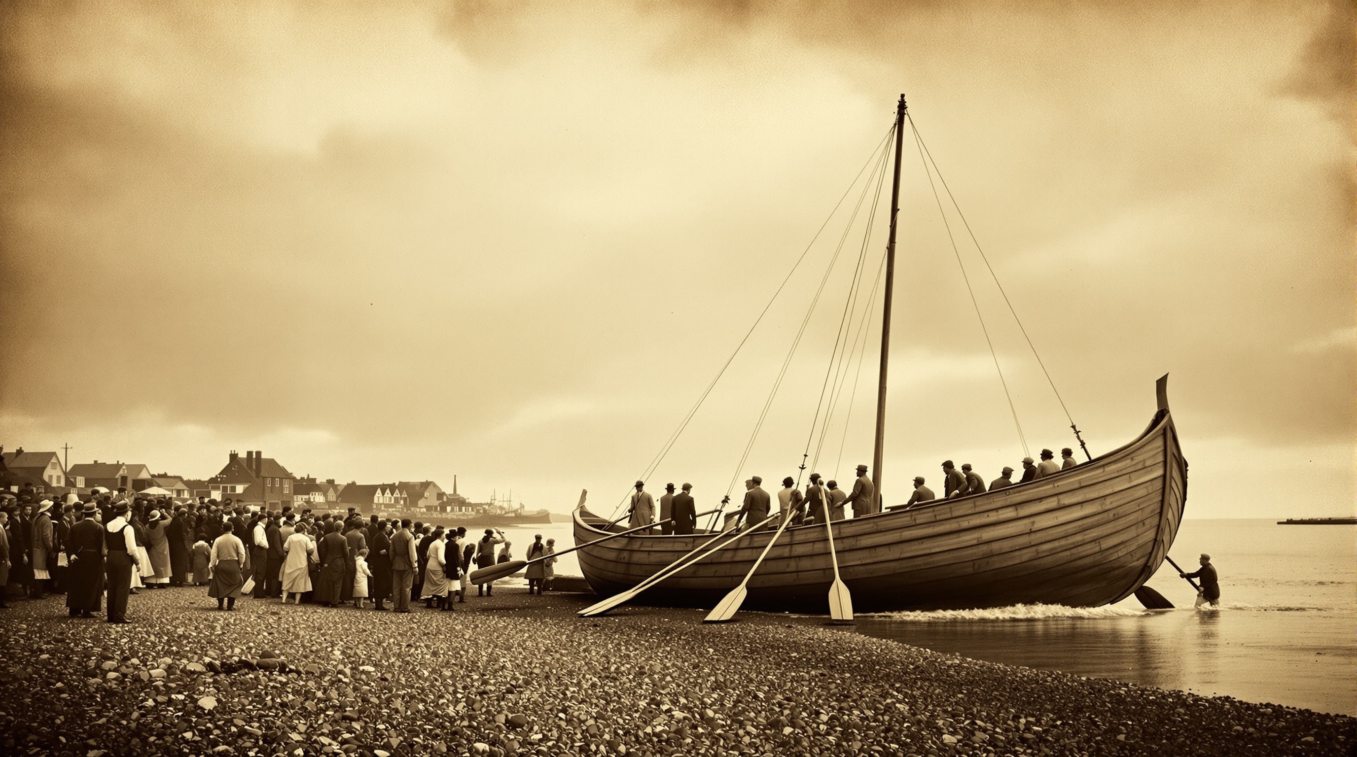A 19th-century oar-powered lifeboat being launched from a shingle beach