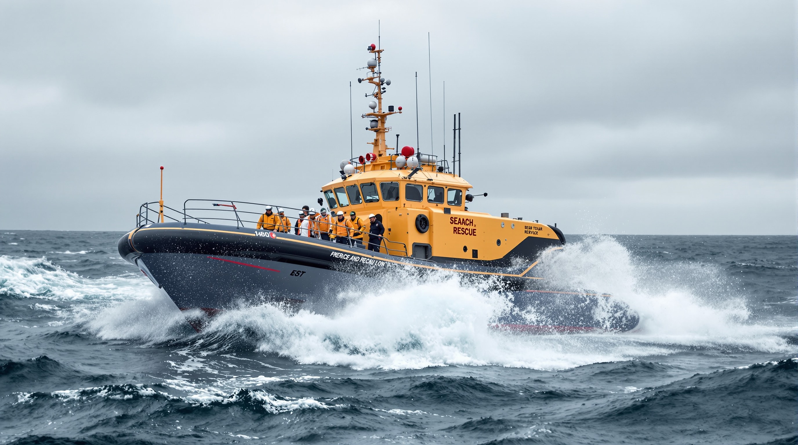 A modern rescue lifeboat powering through choppy open sea