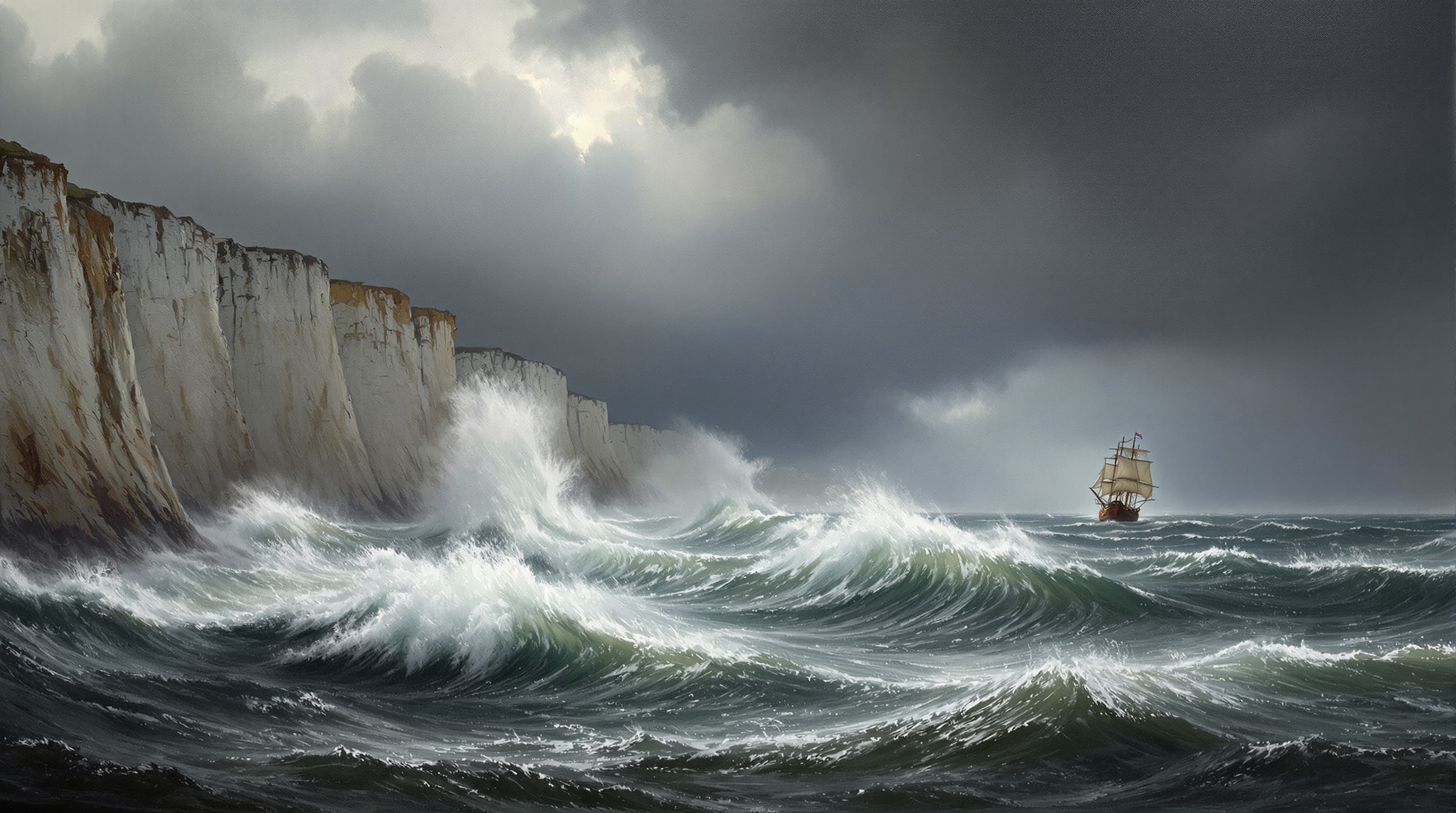 A stormy sea breaking against chalk cliffs, evoking historic shipwreck rescues
