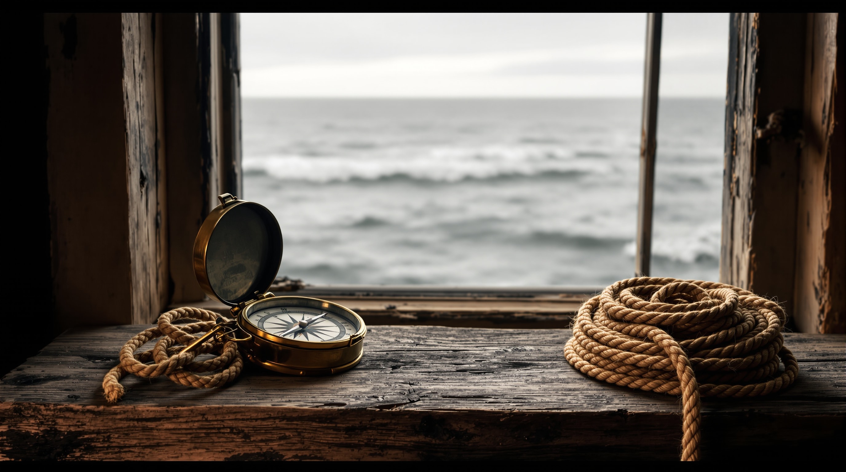 A brass compass and rope on weathered timber, evoking the heritage of the lifeboat service