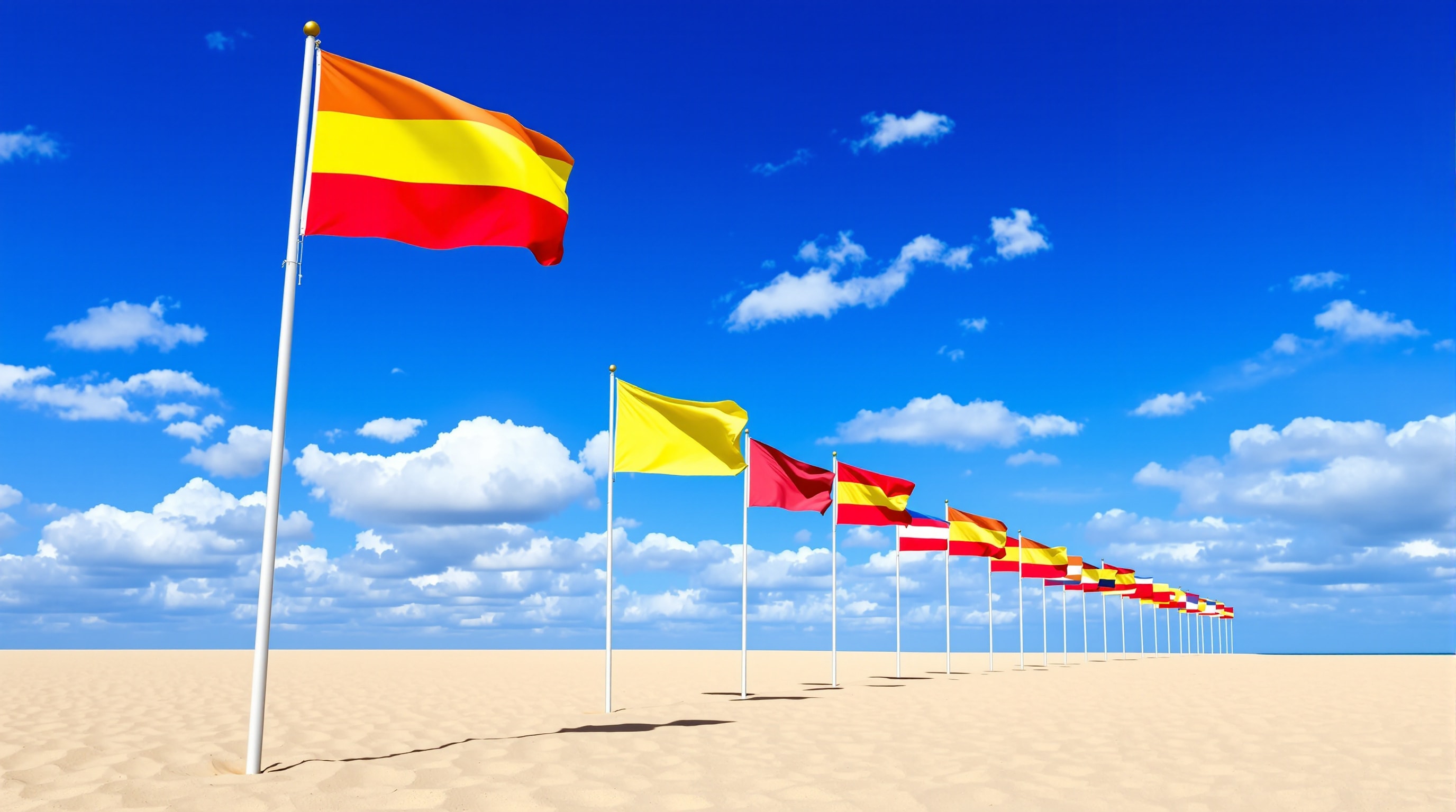 Red and yellow beach safety flags flying on a summer beach